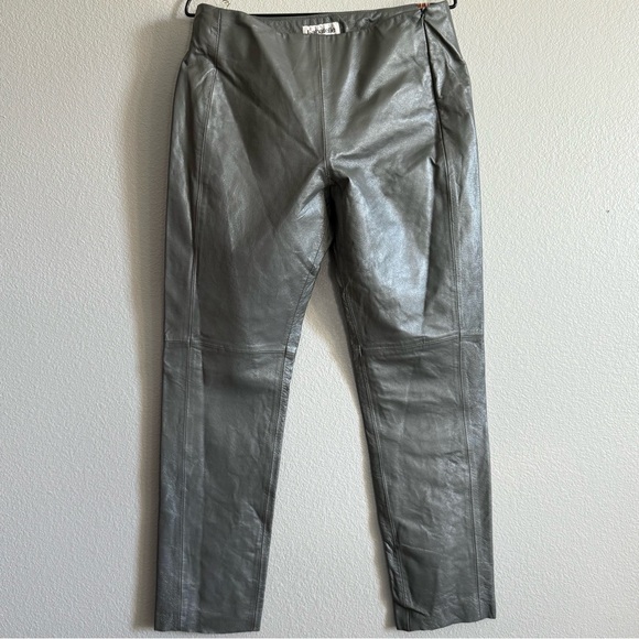 Vintage High Waist Genuine Leather Pants Grey With Subtle Silver Metallic Sheen - Picture 1 of 12